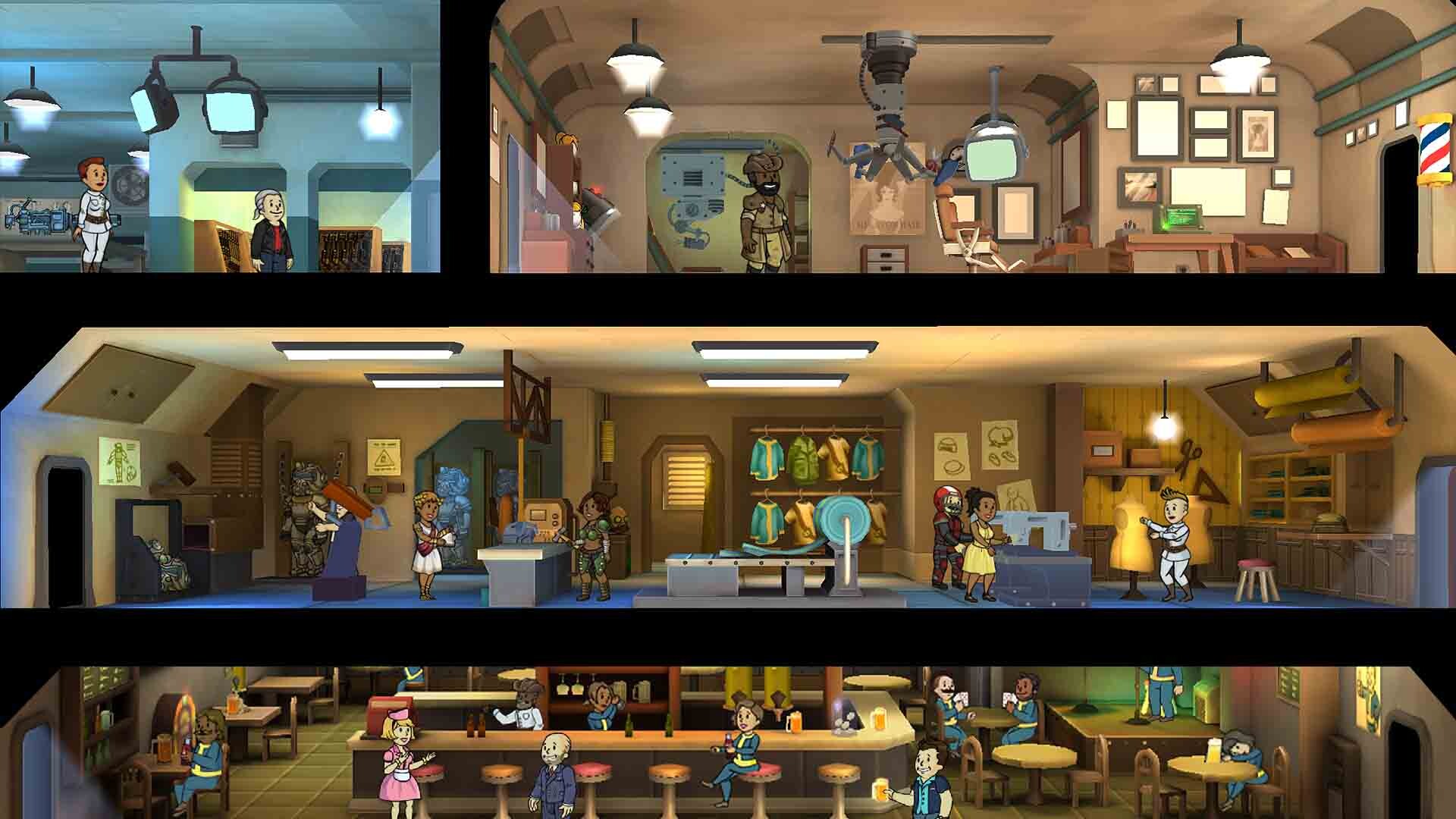 Fallout Shelter promotional image of dwellers in underground vault rooms