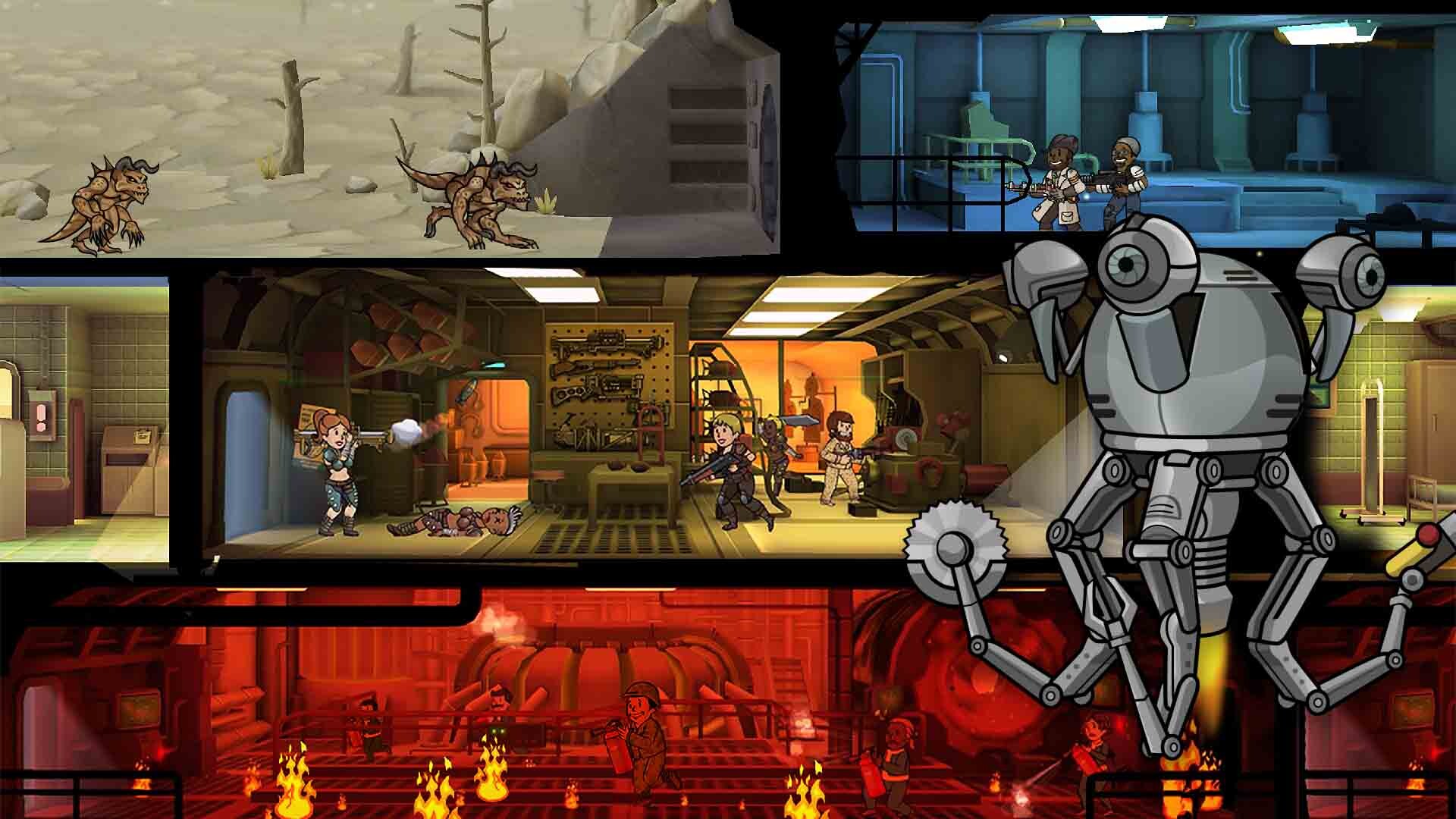 Fallout Shelter promotional image of radscorpions on the surface, a burning vault room and a Mr. Handy robot