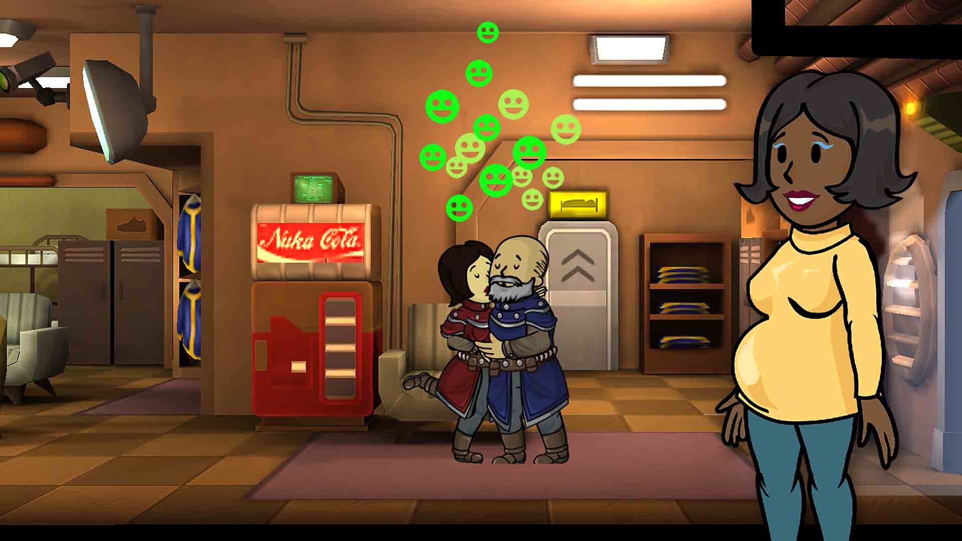 Fallout Shelter promotional image of two dwellers embracing beside a Nuka-Cola machine while another dweller looks on